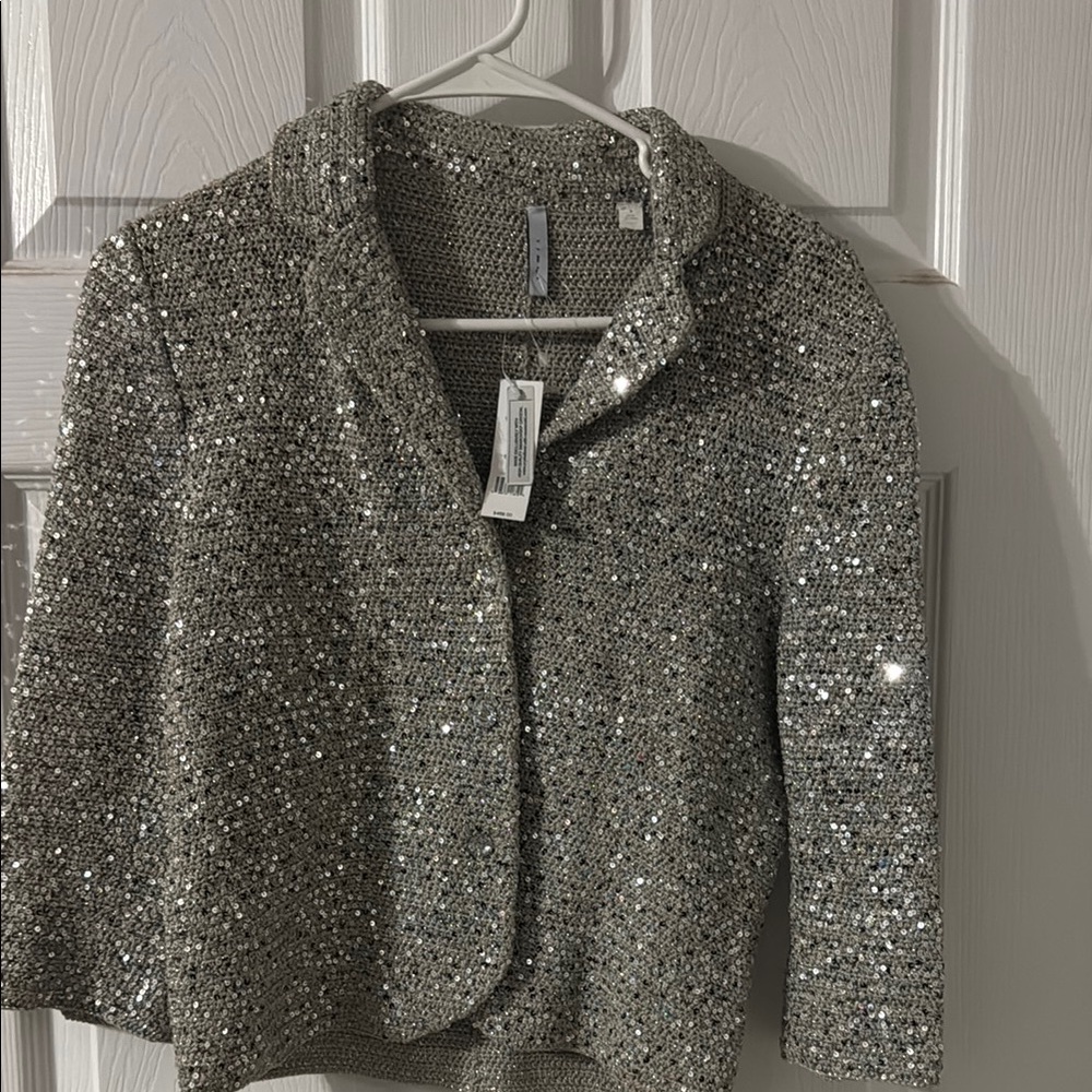 Silver Sequin Blazer with Zipper Closure